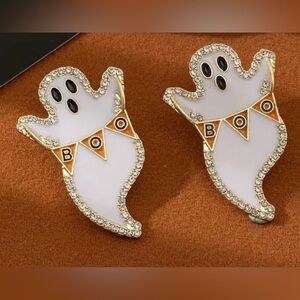 Gold and Rhinestone Ghost Gold Boo Dangle Earrings Halloween